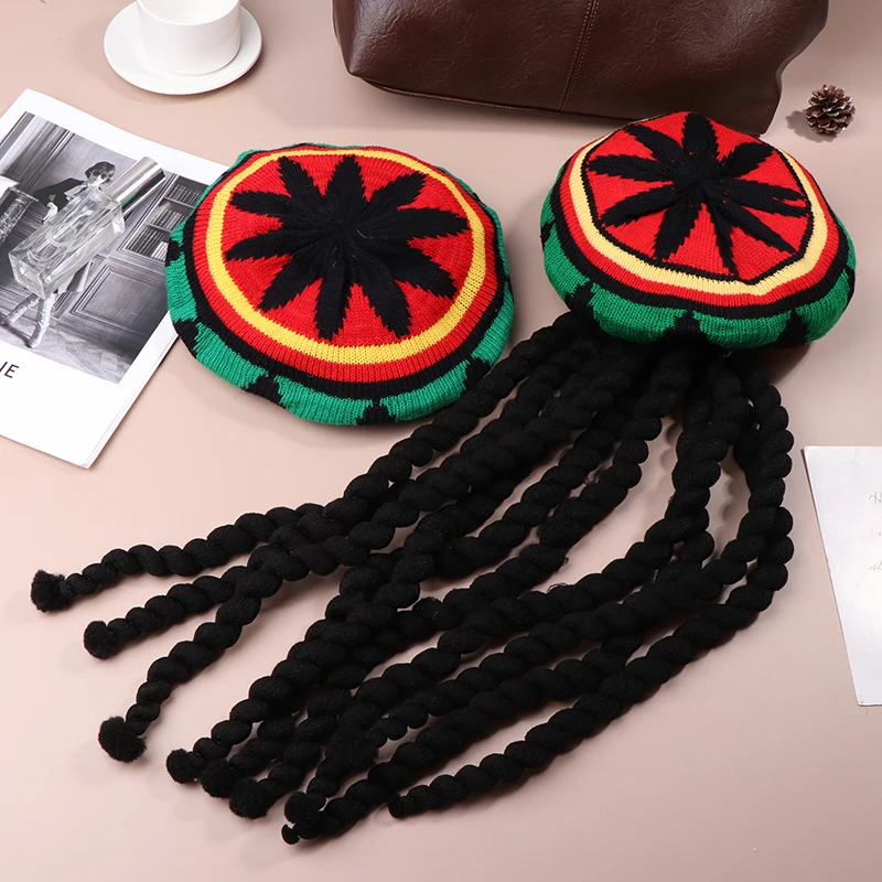 Reggae Hat With Dreadlocks Comfortable Braid Hat Wig Ethnic Style Reggae Beret Woolen Knitting Hat For Costume