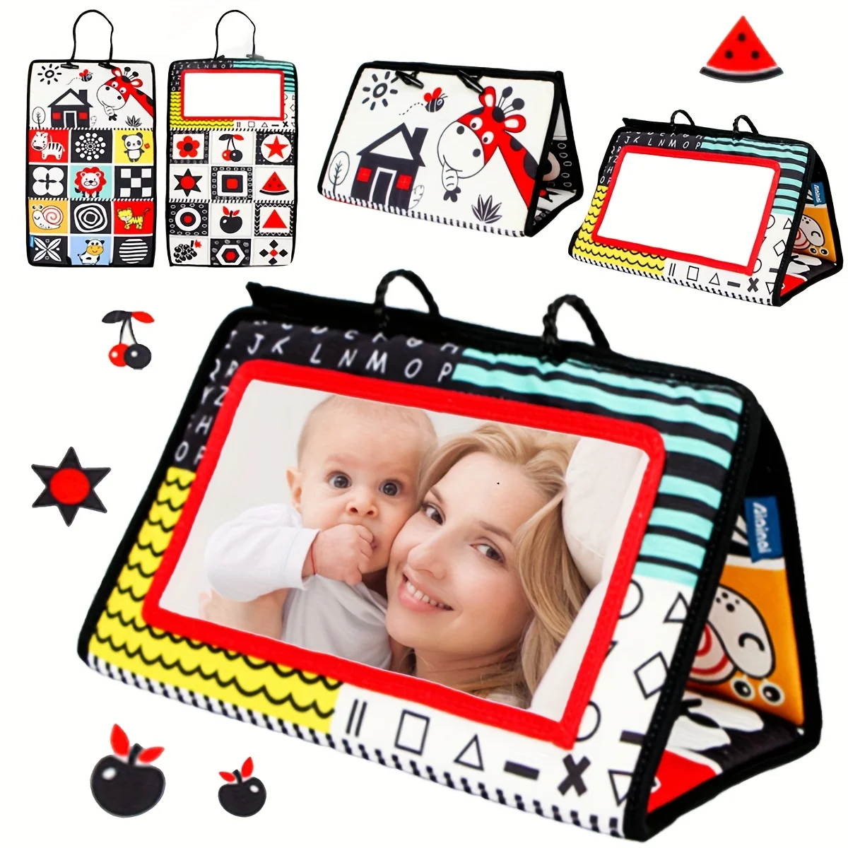 Children's Mirror Animal Cloth Book, High Contrast Children's Sensory Toy, Foldable Interactive Double-sided Cloth Book