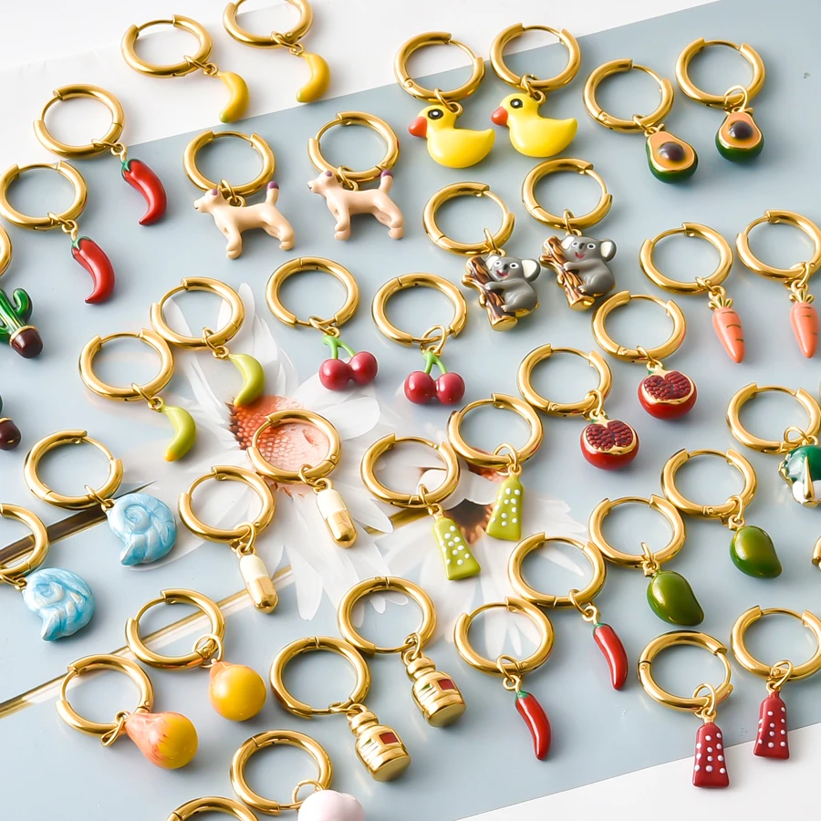 Emaille-Obst-Tier-Anhänger-Ohrringe, echt vergoldet, 316 Edelstahl, Granatapfel-Chili-Ohrringe für Damen und Herren, Schmuck – Detail 2