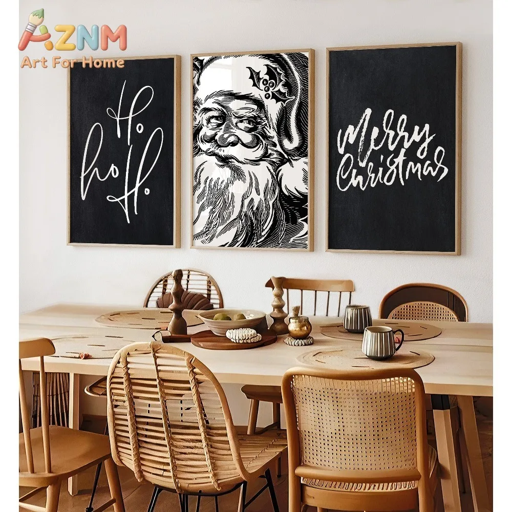 AZNM Frameless 2D Flat Black‑and‑White Santa Sketch Quote Snowy Pine Tree Canvas Print, Reusable Minimal European Vintage Christ