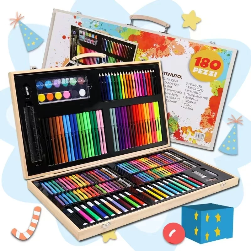 

180Pcs Wood Box Watercolor Pens Colored Pencil Crayon Brush Set For Kids Students Gifts Drawing Painting Refills Art Supplies