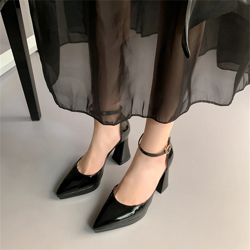 Meotina Two-Piece Women Patent Leather Super High Heel Pumps Buckle Thick Heels Ankle Strap Footwear Ladies Autumn Black Red 43