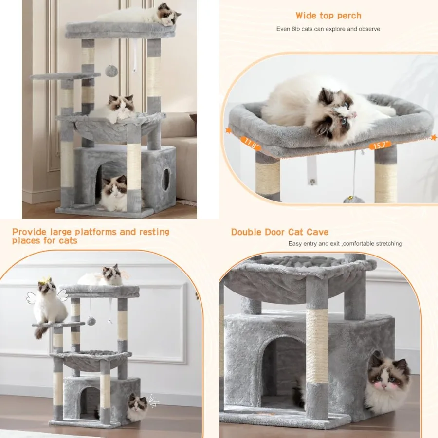 

Cat Tree, Kitten Tower with Large Soft Cat Basket, Cat Condo with Spacious Cat Bed Cave with Hidden Space Sisal-Covered Scratch