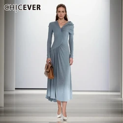 CHICEVER Off Shoulder Dresses For Women V Neck Long Sleeve High Waist Slimming Solid Reched Temperament Maxi Dress Female 2024