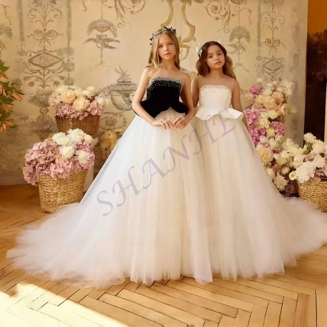 

CustomizedElegant White Beading Flower Girl Dress Tulle Long Princess Kids Wedding Birthday Pageant Party Evening Gown