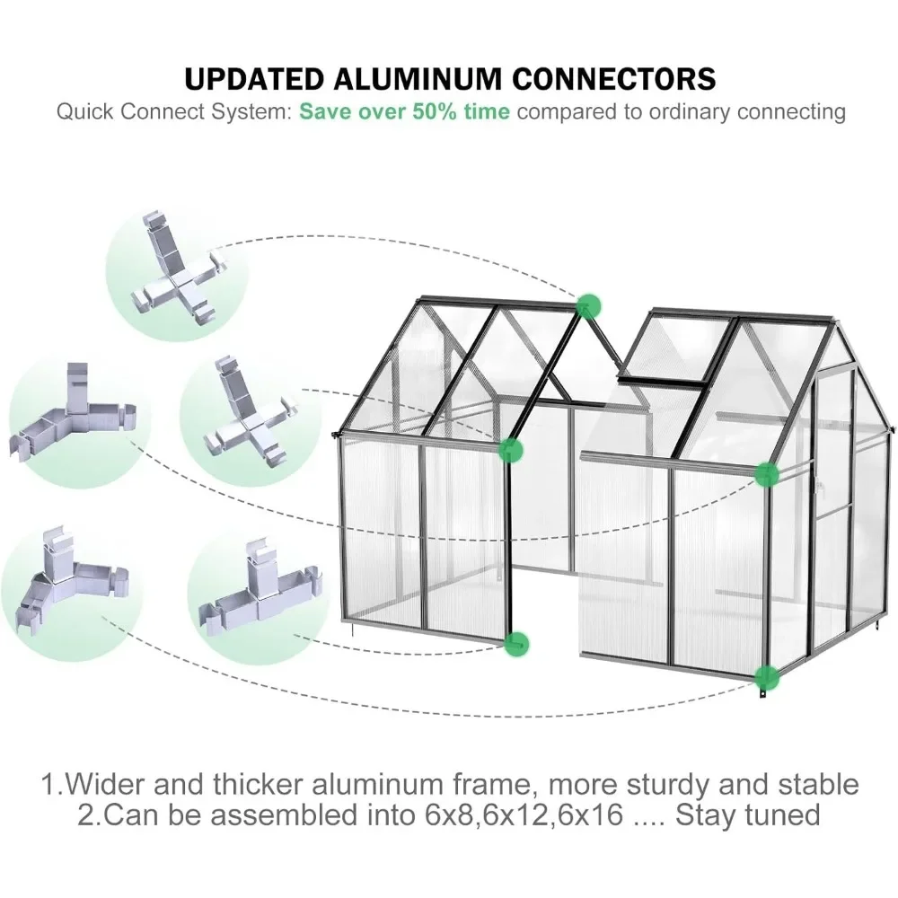 8.2x6.2 FT Greenhouse for Outdoors, Easy Assembly Aluminum Heavy Duty Polycarbonate Greenhouses W/Vent Window, Swing Door