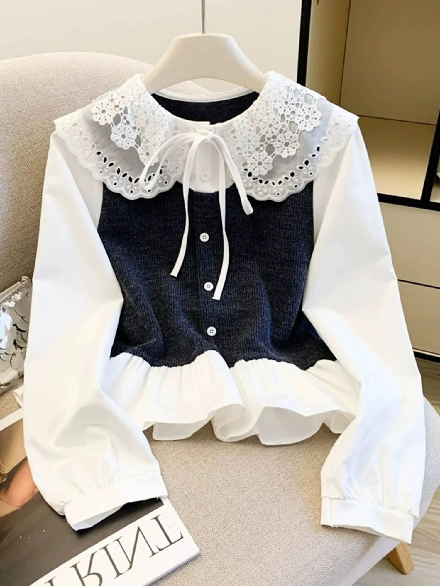 Kimotimo Fake Two Piece Shirt Women Peter Pan Collar Patchwork Lace Bandage Button Blouse Autumn Sweet Ruffle Long Sleeve Blouse