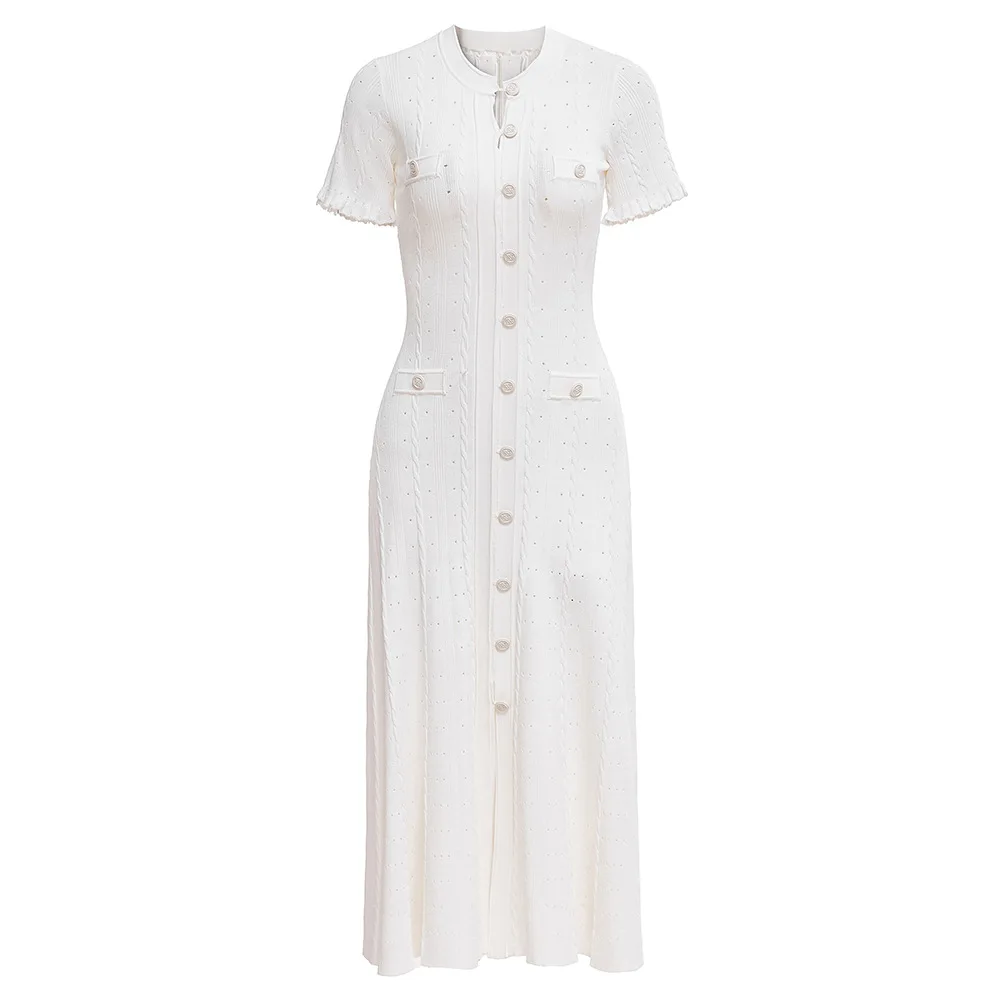 Zomerse elegante dames gebreide enkelknoops lange jurken, effen, korte mouwen, O-hals, knoop, bodycon, feestjurk, damesjurken
