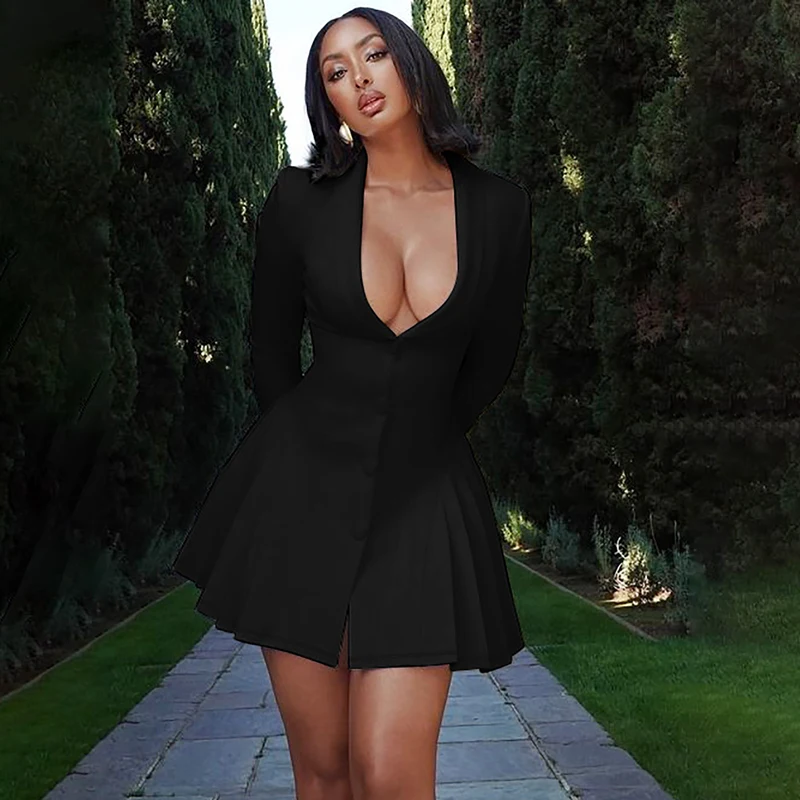 Women Elegant White Single-breasted Pleated Mini Dress Fashion Deep V-neck Long Sleeved A-line Dressses 2024 New Lady Streetwear image 5