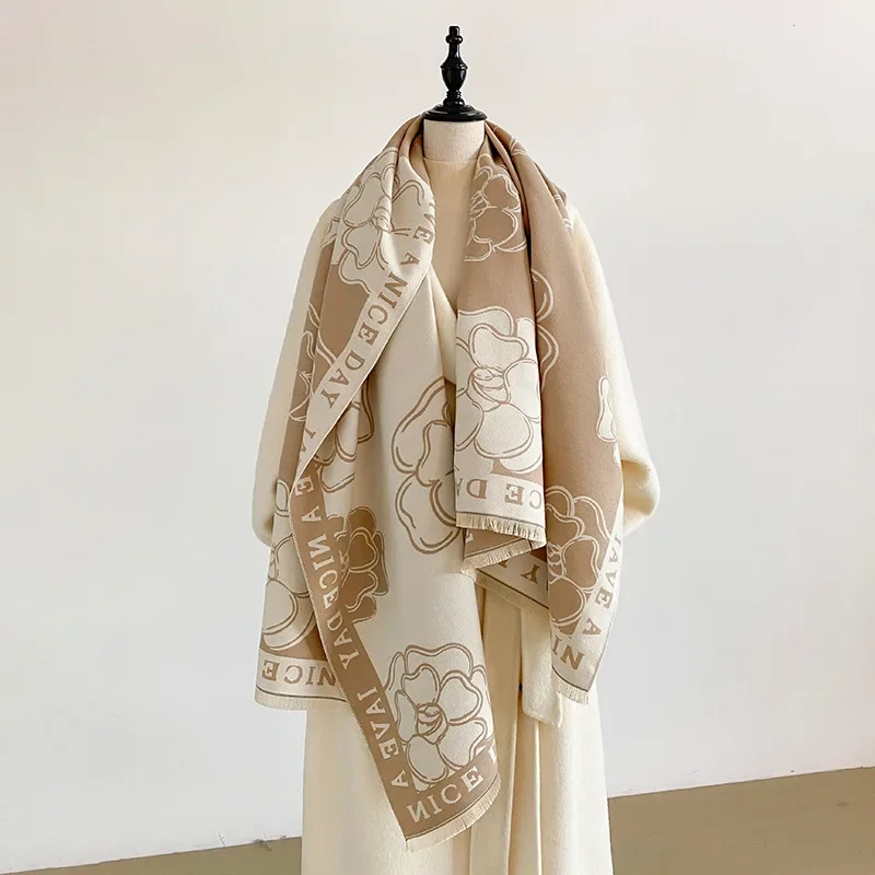 Korean Retro Camellia Flower Letter Border Double Sided Faux Cashmere Scarf Fringe Winter Warm Thick Shawl Wrap Bufanda Flores