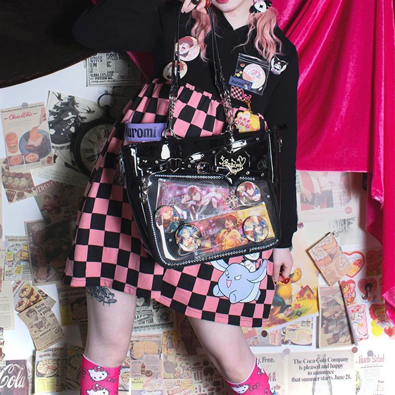 Richme Y2K Women Ita Bags Subculture Gothic Students DIY Badge Tote Bags Lacquer Leather Designer Crossbody Shoulder Bolso Mujer