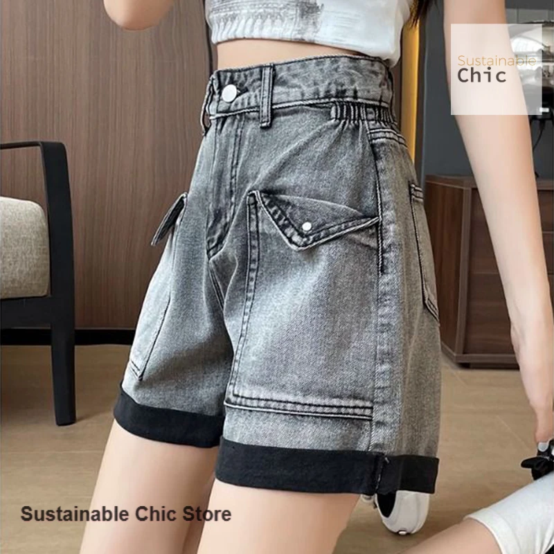 Black-gray hemmed quarter denim shorts women's thin loose wide-leg A-side elastic waist flanging hot pants in spring and summer