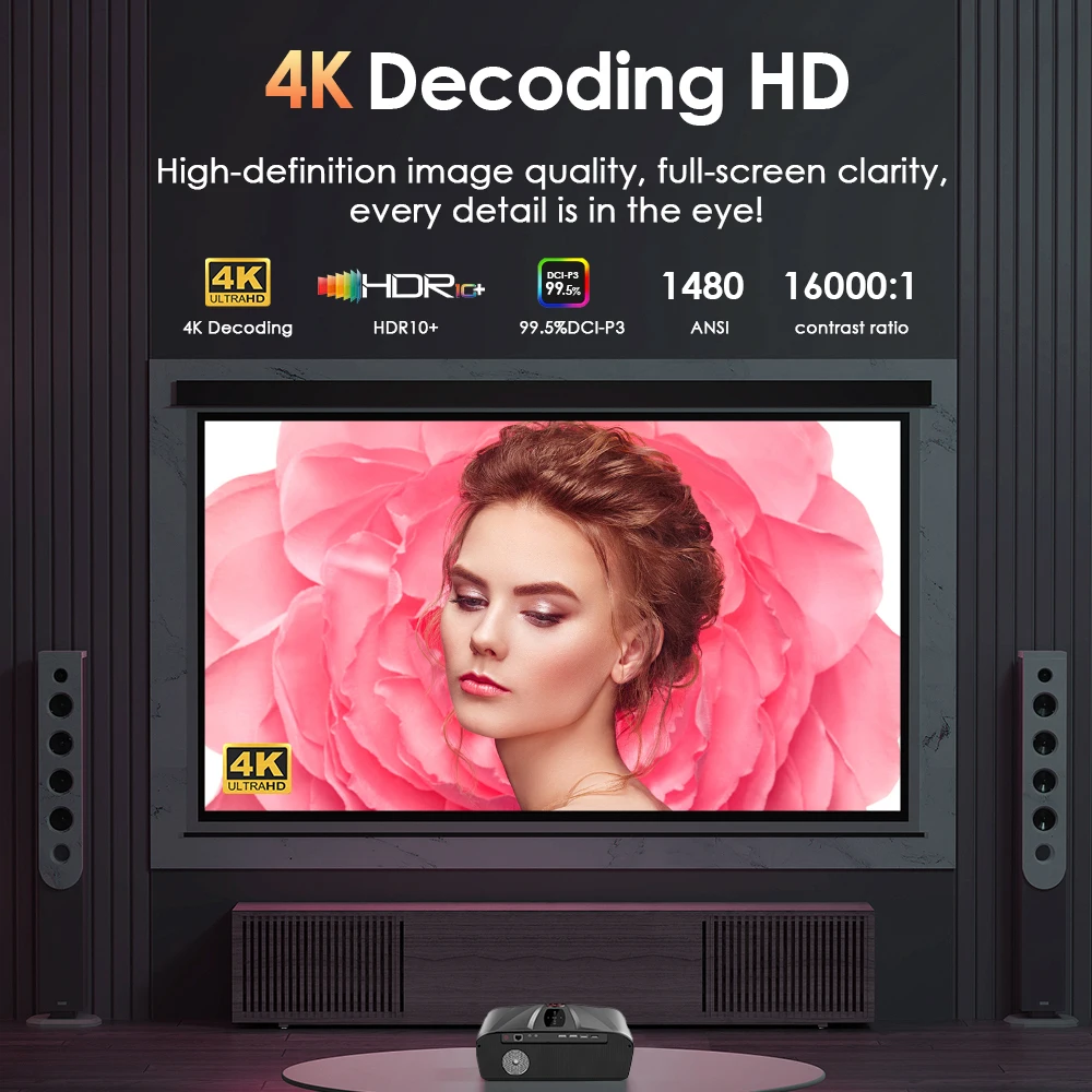 스마트폰용 4K TV 프로젝터, 안드로이드 9.0, 블루투스, 와이파이, 홈 시어터 프로젝터, 비디오 빔 프로젝터, 야외 1480ANSI