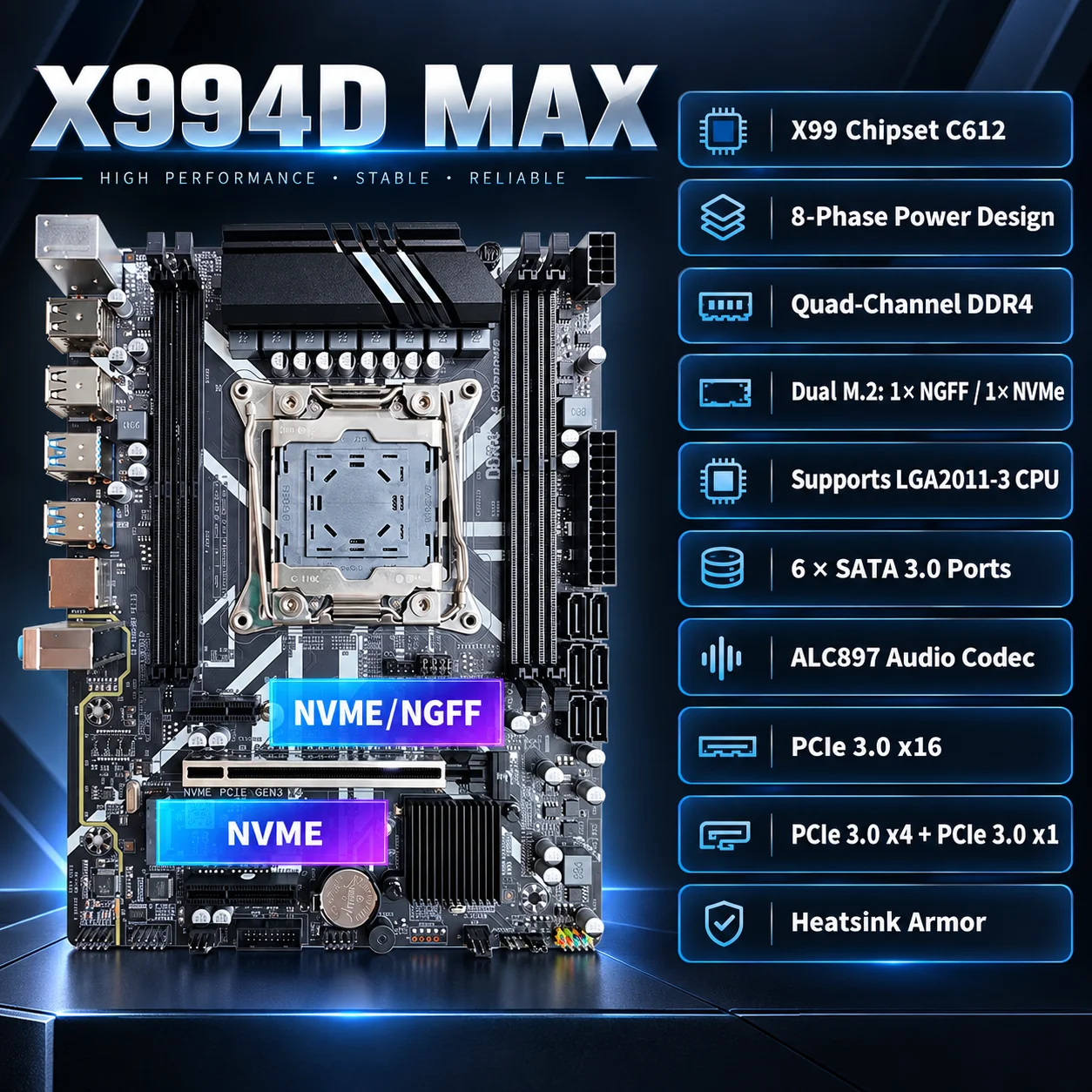 X99 Motherboard LGA2011-3 E5 V3 V4 DDR4 ECC REG Quad Channel C612 8-Phase SATA3 NVMe M.2 Desktop Mainboard