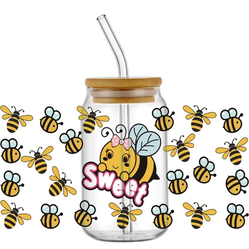 Cute Sweet Bee Series Decal 16oz Libbey UV DTF Cup Wrap Waterproof Decals UV DTF Cup Wrap Iron On Washable Transfer Sticker