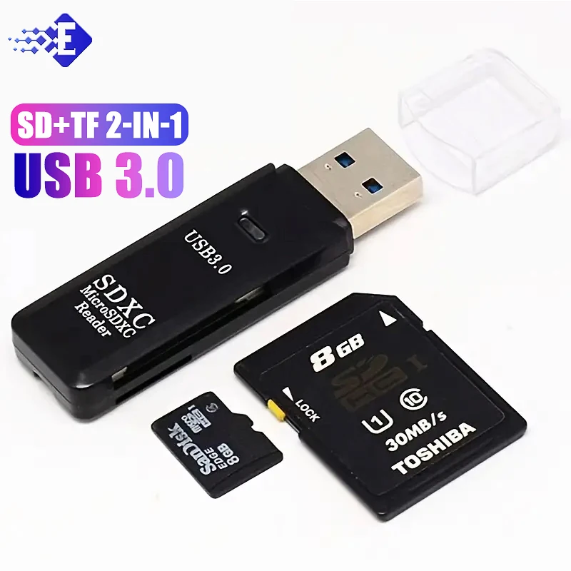 High Speed Multi Functional 2-in-1 High-speed USB 3.0/2.0 Card Reader Supports TF+SD Computer Tablet Camera, Laptop, Car Mounted