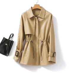 New 2024 Women's Short Trench Coat Fashion Khaki Zipper Elastic Waist Female Long Sleeve Casual Loose Faux Leather Jackets