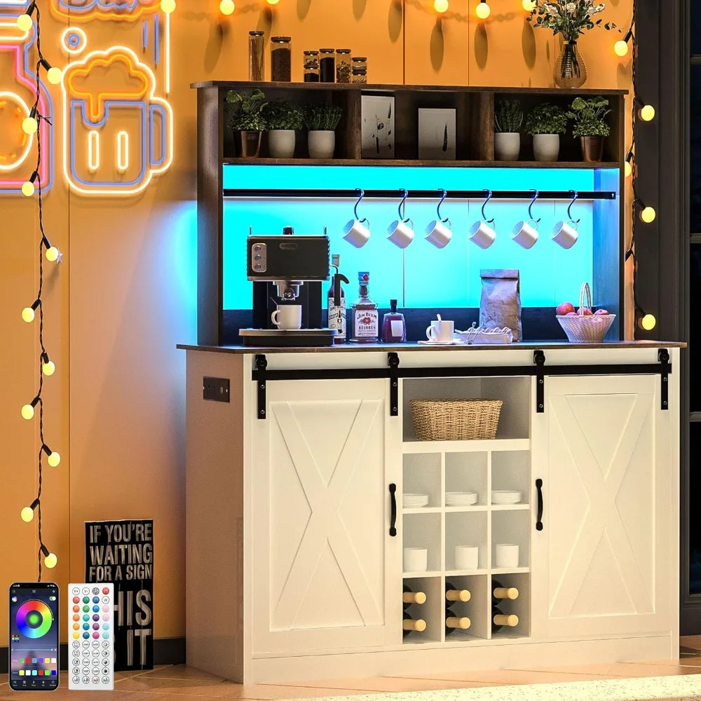 Vinctik-LED Coffee Bar com prateleira ajustável, 6 e 7 ganchos, 6ft Power Outlet, 6 ganchos, 9 Rack para garrafas, chá, licor, vinho, 60000 luzes coloridas