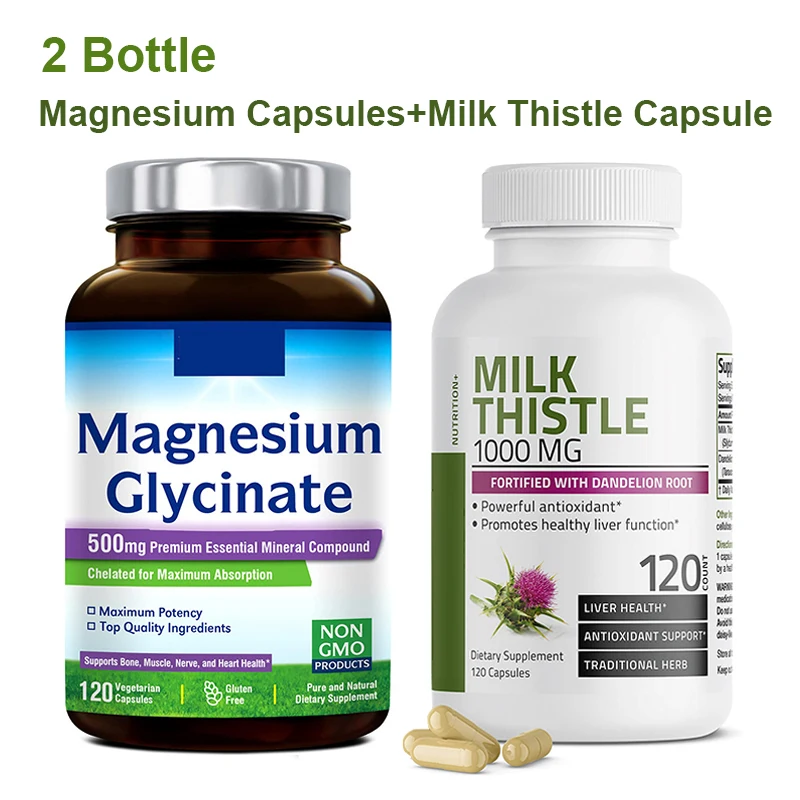 

2 Bottle Magnesium Glycine Capsule+ Milk Thistle Grass Capsule Support Cardiovascular Function maintain the liver Supplement