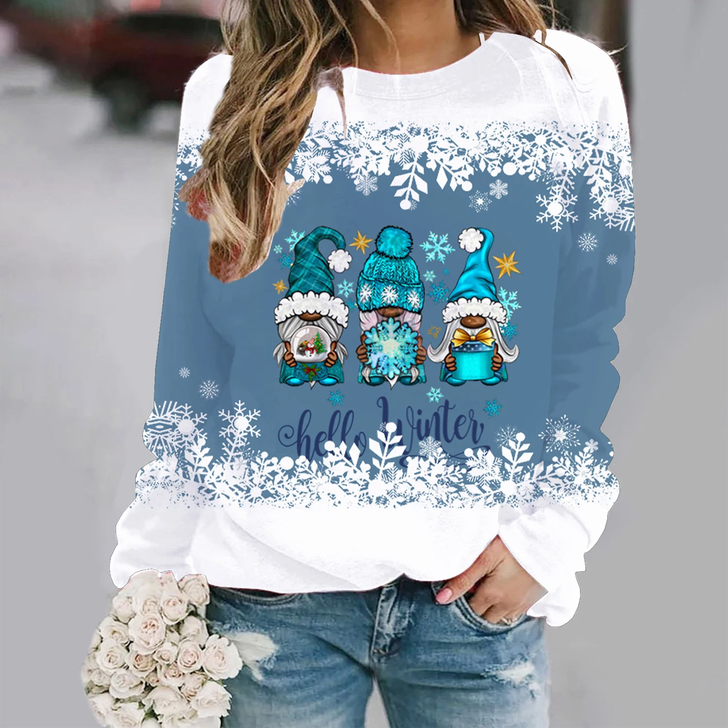 Christmas SnowmanPrinted Women\'s T-shirt Vintage Style Sweater Cotton  Long Sleeve Ladies Clothing Oversized Street Pullover