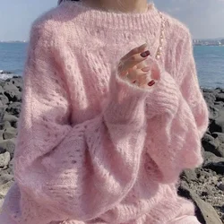 Lucyever Sweet Pink Soft Knitted Sweater for Women Lazy Wind Loose Hollow Out Thin Jumpers Spring Autumn Long Sleeve Knitwear