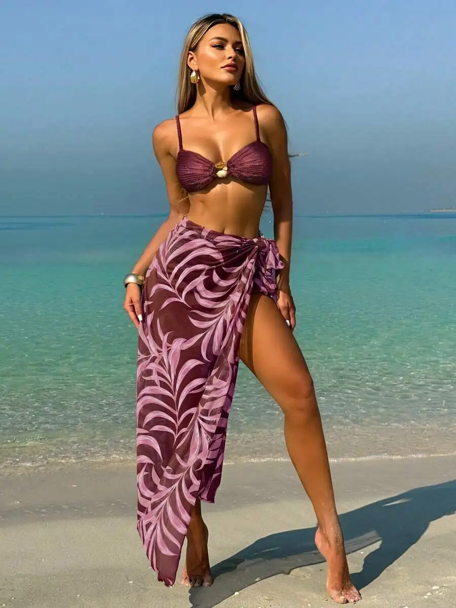 Womens Swimsuit With Leaf-Printed Wrap Skirt And Buckle Detail For Beach Summer Holiday