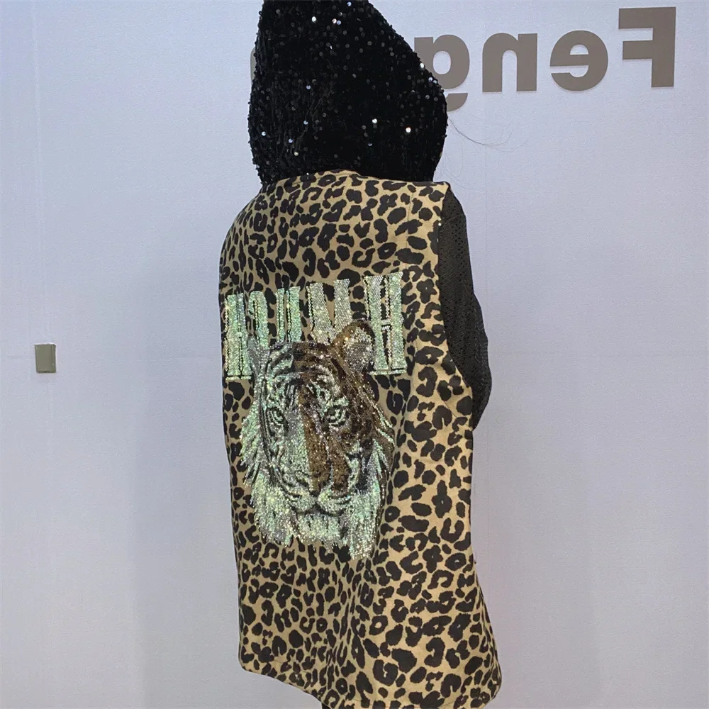 Autumn Leopard Print Waistcoat Women Vest Casual Loose Sequins Embroidery Hooded Zipper Cardigan Coats Chaqueta De Mujeres