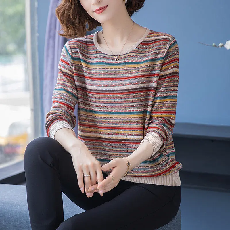 Vintage Autumn Winter Spliced Leisure Knitting Women\'s Clothing Striped Thin O-Neck Dimensional Cut Pullovers Loose-fitting Wild