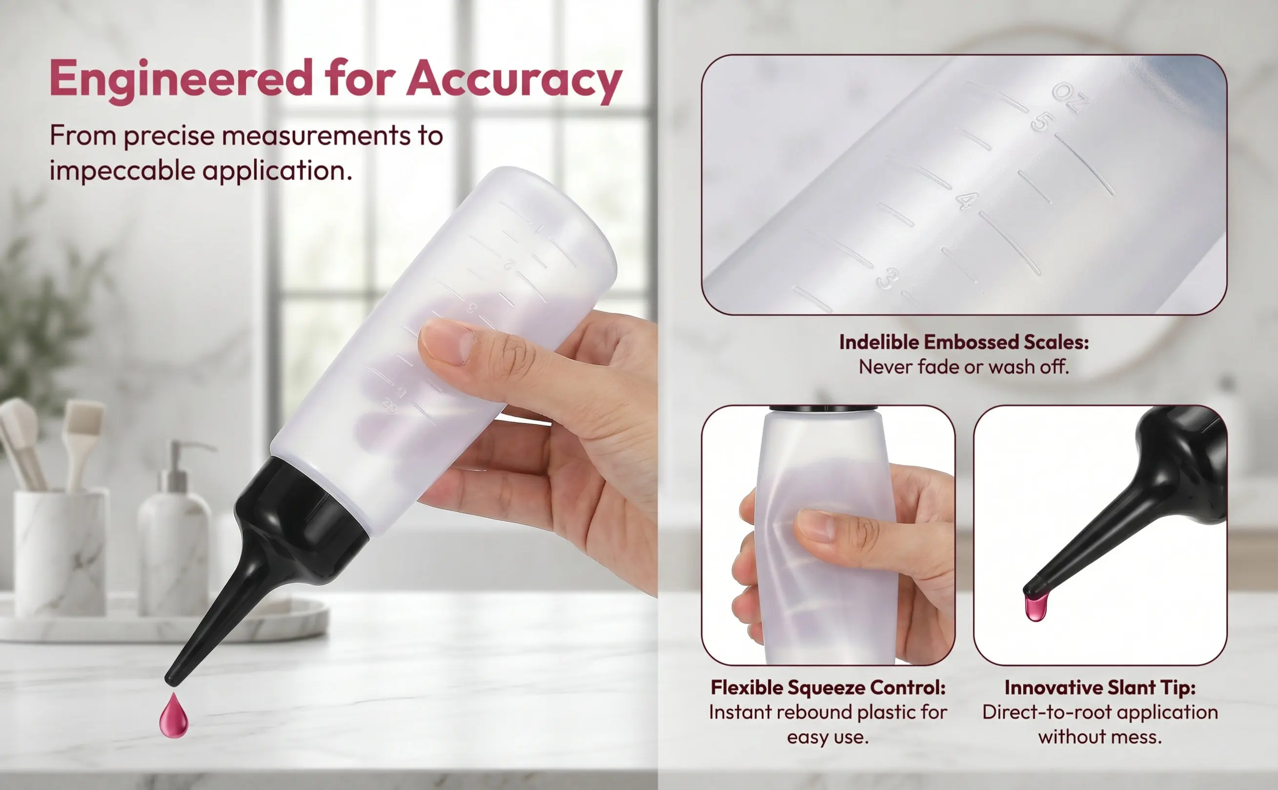 Leakproof Slant Tip Applicator Bottle with Side Measurement Scale 15x5x4cm Clear Plastic for Hair Parting Sectioning Coloring