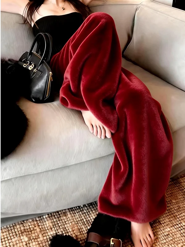 

Laid-ba Sle Wide Leg Pants Women's Faion High Waist Slimming Drapey Pants Wine Red Casual Pants Winter New Arrival