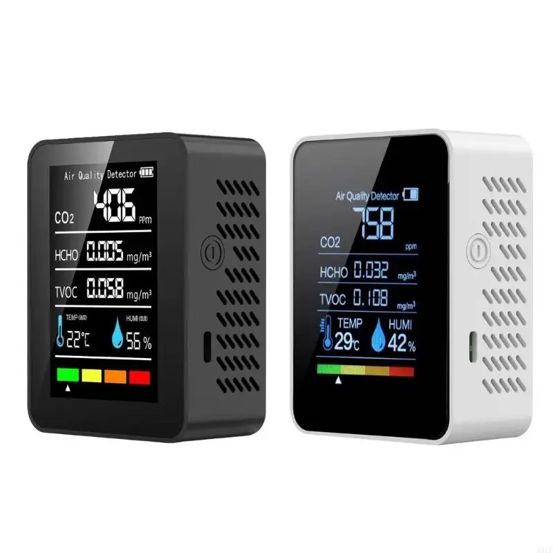 A0KF 5 in 1 Air Quality Monitors Indoor Air Quality Meter Rechargeable Tester for CO2 TVOC Temperature Humidity Display