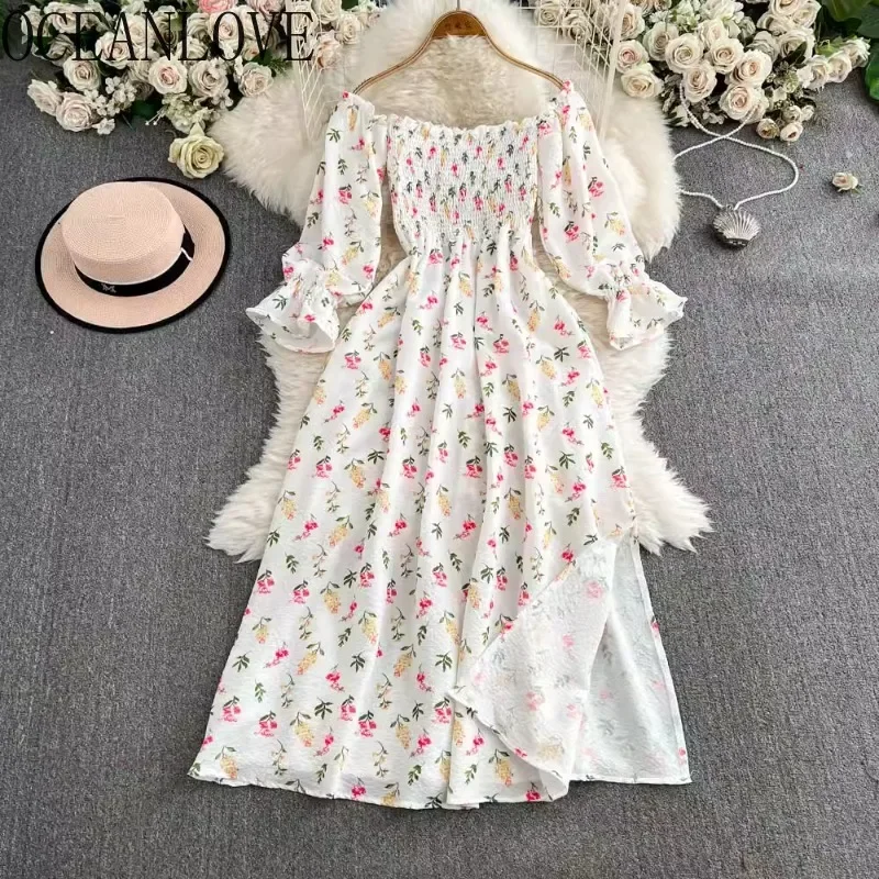 OCEANLOVE Abito da donna con maniche a sbuffo Stampa floreale Collo quadrato Dolce vintage Abiti Mujer Beach Style Abiti lunghi eleganti