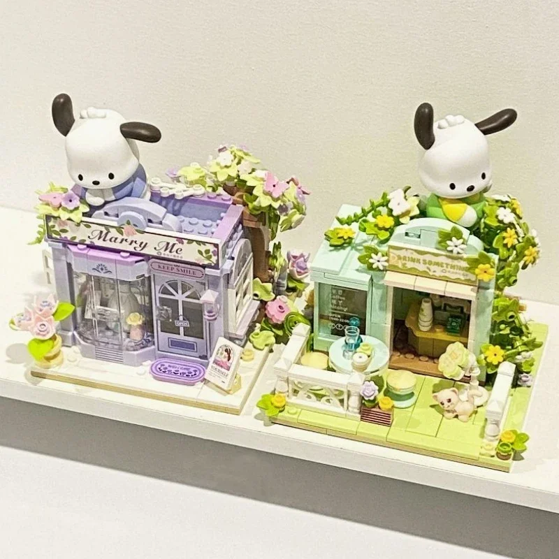 New Sanrio Series Street View Building Blocks Cute Cartoon Pochacco Dessert Shop Assembly Model Children's Puzzle Toy Gift