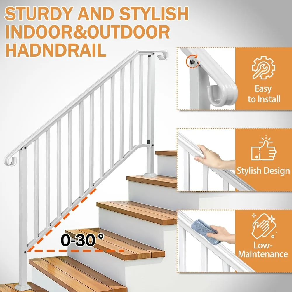 2 Pack 5 Step Handrails for Outdoor Steps, Wrought Iron Stair Railing Fits 4 or 5 Steps, Metal Hand Rail with Installation Kit,