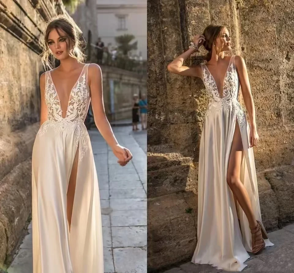 

Sexy Wedding Dress Deep V-Neck Boho 3D Floral Applique A-Line Satin Back Floor-Length Bride Party Gown Customized
