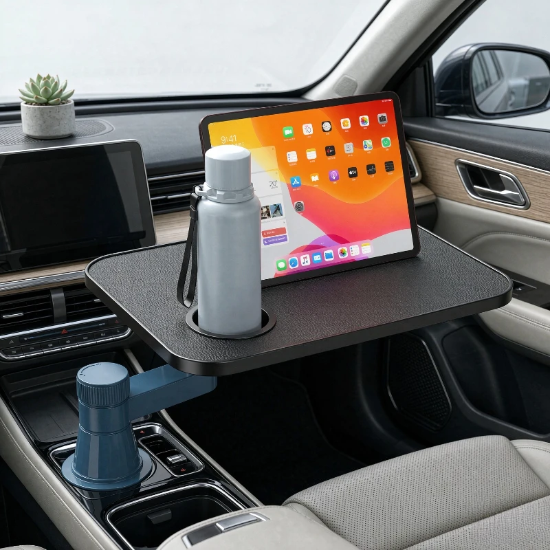 360 Degree Rotating Car Front Seat Tray Table with Anti Scratch PU Leather Floating Passenger Laptop Desk for Travel Breaks