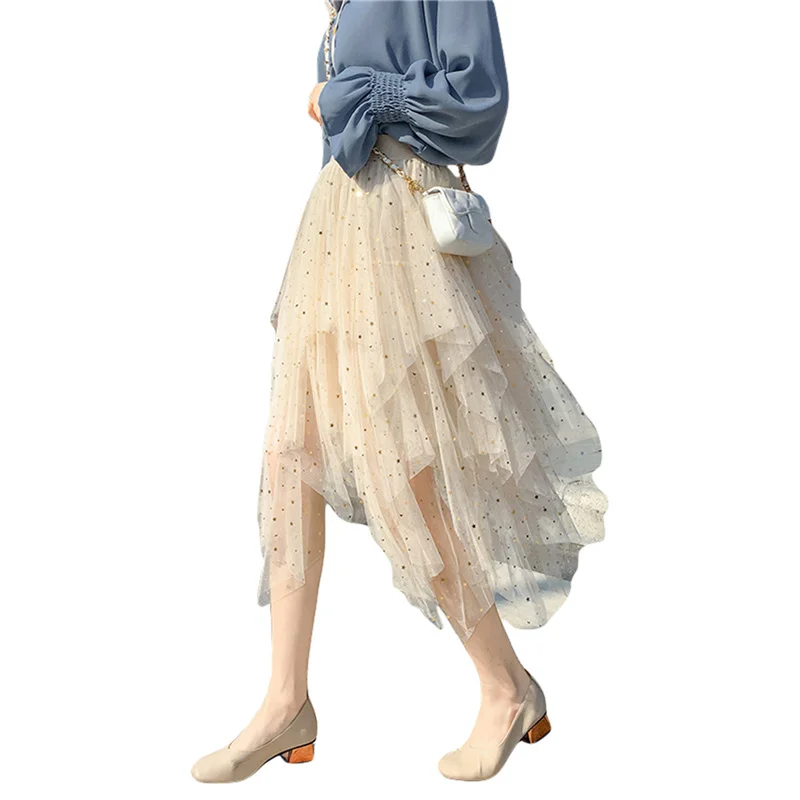 

Women Tulle Skirt, Elastic Waist Sequined Stars Irregular Half Dress Summer Midi Skirt for Casual Daily, 5 Colors