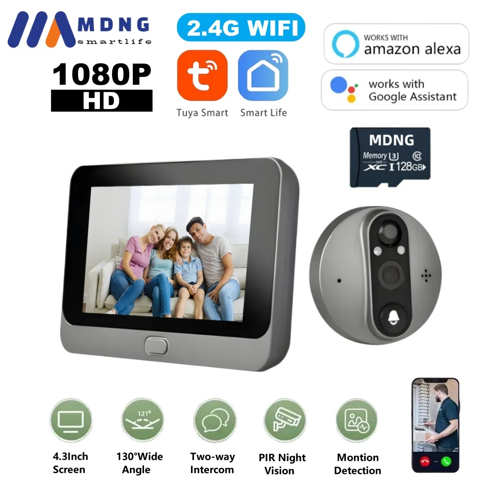 4.3 Inch WiFi Tuya Smart Video Digital Peephole Door Camera Two-way Audio 2MP Night Vision Wireless Digital Magice Eye Door Bell