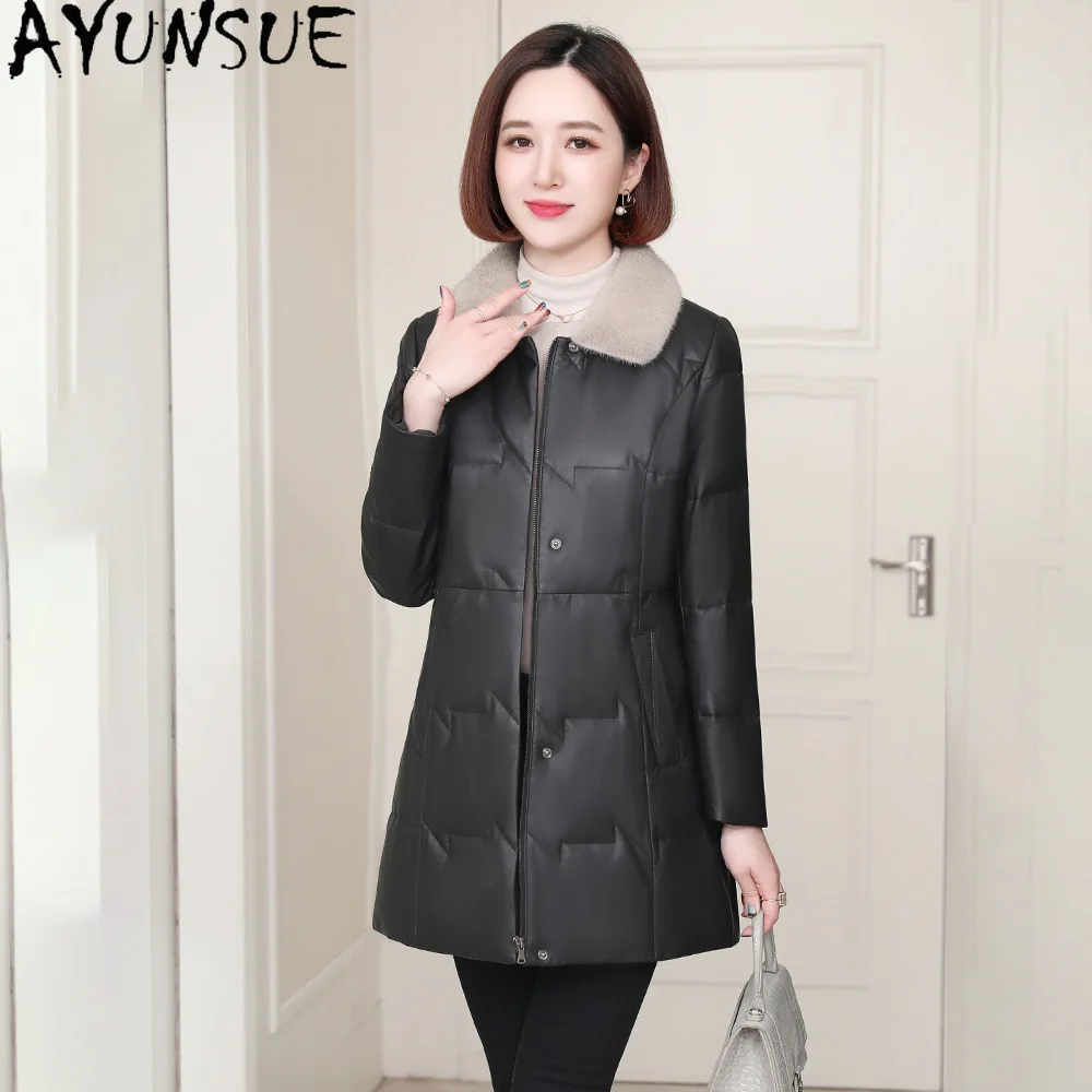 AYUNSUE シープスキン本革ダウンジャケット女性の冬服暖かいミンクの毛皮の襟ミッドレングスダウンコート 2025 Jaqueta Couro