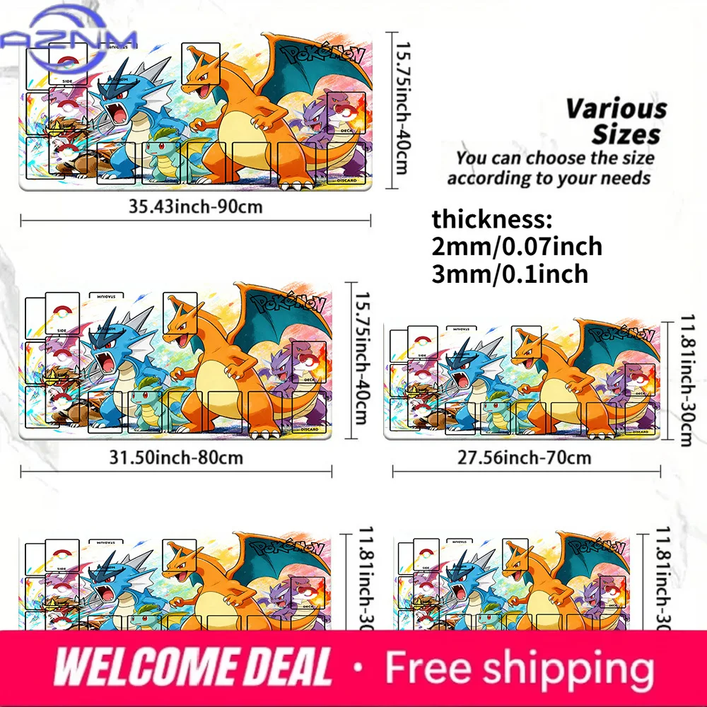 Pokemon Charizard Gyarados TCG Playmat, Anime Trading Card Game Mat with Zones, 2mm/3mm Thick Non-Slip Mouse Pad for CCG MTG