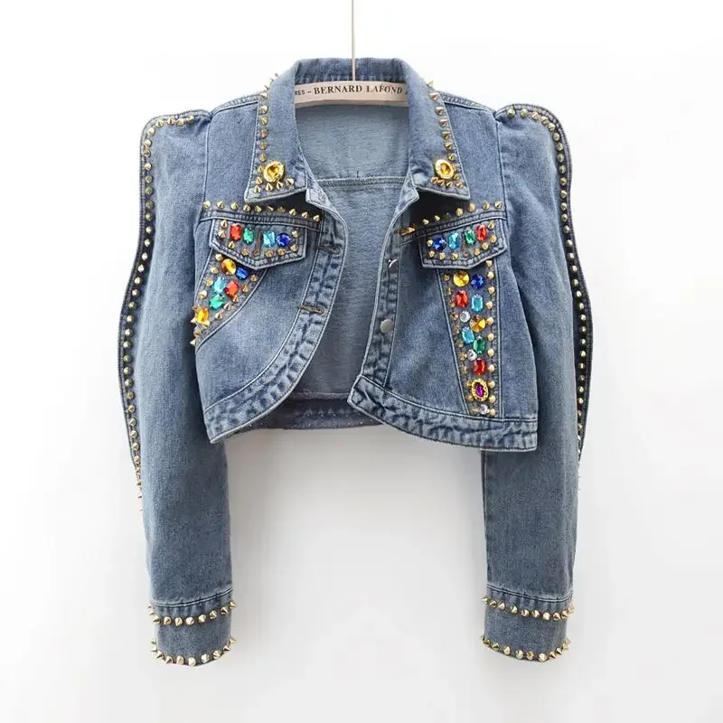 

Fashion Rive Denim Jacket Women Colorful Faux Gemstone Short Denim Coat Hip Pop Streetwear Clothes Women Jackets Chaqueta