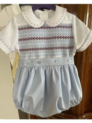 0-6Y Boy Summer Light Blue Handmade Emboidery Smocked Outfit Suit for Birthday Photography Party Casual A139