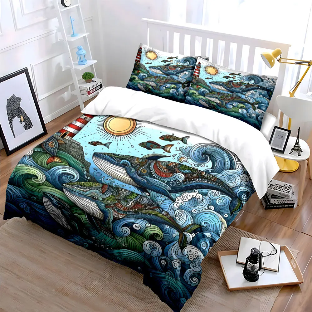 Ocean Whale Art Decor Set Soft Skin-Friendly Bedding Set Includes 1 Duvet Cover And 2 Pillowcase, Gift