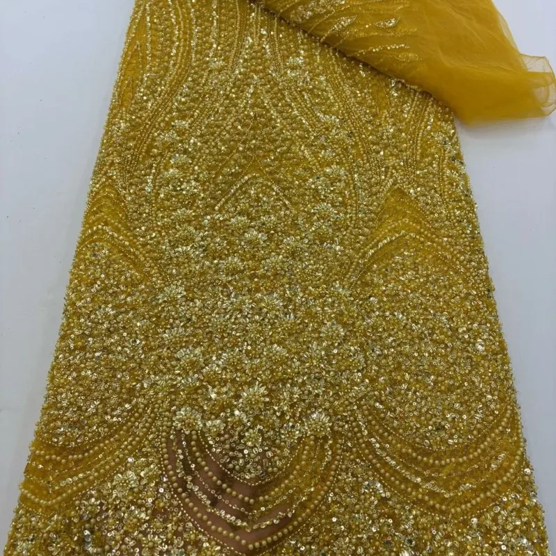 Sequins Bugle Bead Embroidery Mesh Fabric for Fashion Wedding Dress Clothing Design Cloth Diy By The Yard Sewing Material