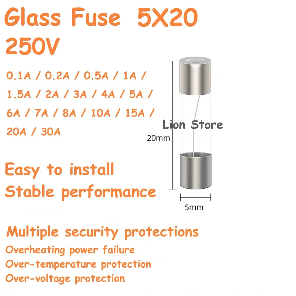 300pcs/lot Glass Tube Fuse 250V 5X20 0.1A-30A Multiple security protections Easy to install Performance temperature