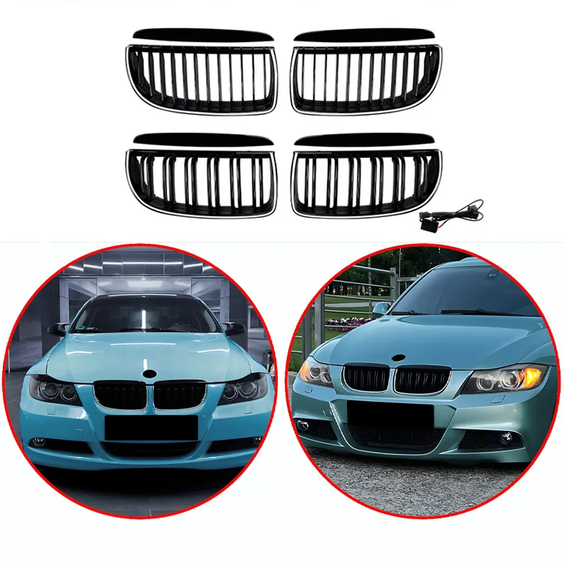 

For BMW 3 Series E90 E91 2005-2008 High Quality ABS Single Line & Double Lines LED Kidney Grille Front Racing Grills Gloss Black