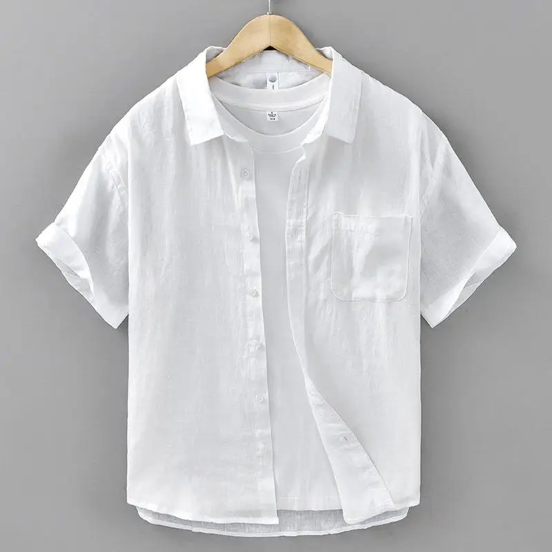 

Men's Short Sleeve Thin Linen Shirt Simple Style Pocket Design Casual Top for Summer Easy to Match with Any Outfit