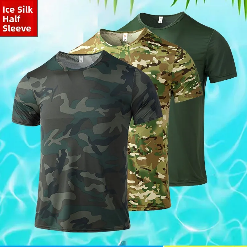 

New 2025 Camouflage ort Sve T-irt Men's Summer Ice Silk Qui Dry Outdoor Sports Training orm f Sve Military...