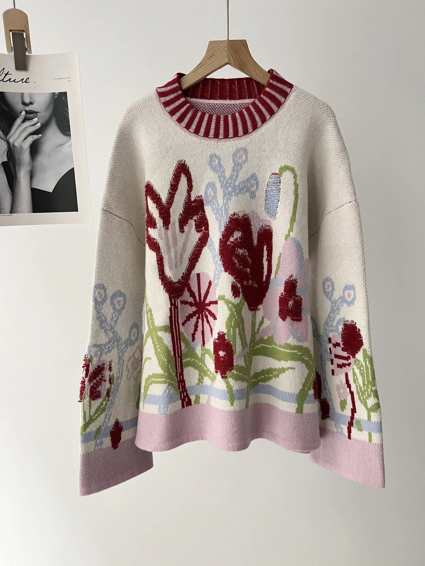 Girl retro tulip knitted sweater contrasting color flower towel jacquard crew neck sweater women 046