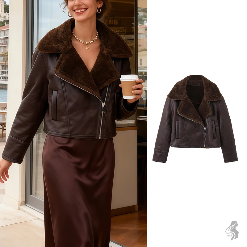 

Women Leather Motorcycle Jacket With Shearling Collar Short Asymmetrical Zipper Retro Commuter Warm Leather Jacket Woman Clothes